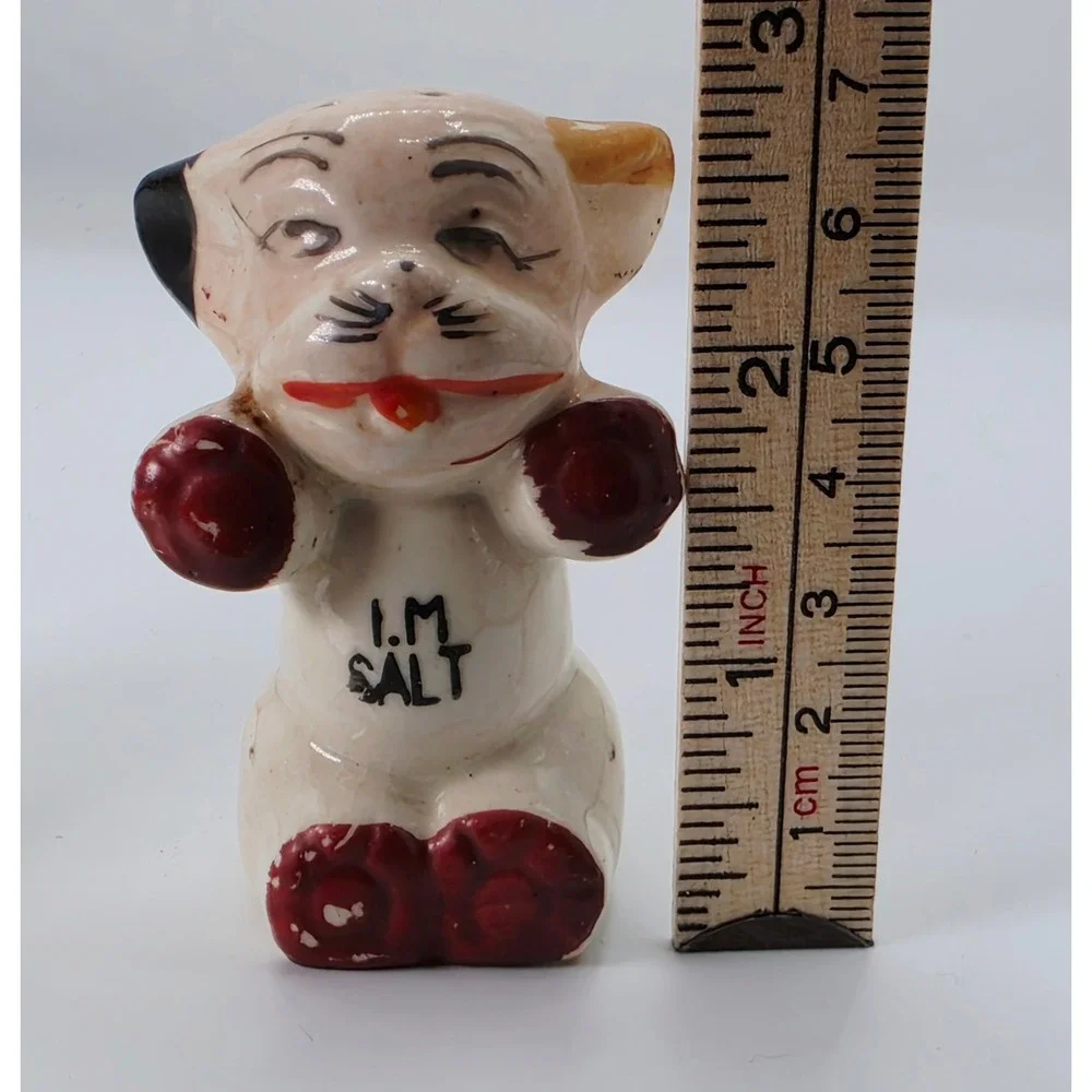 Vintage Japan Winking Puppy Dog Salt and Pepper Shakers Red Boxing Gloves Set